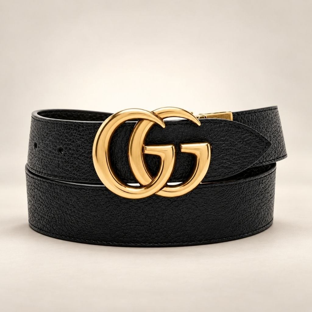 Black Gucci belt with gold buckle