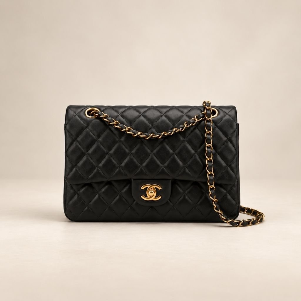Black Quilted Flap Bag on Cream V1